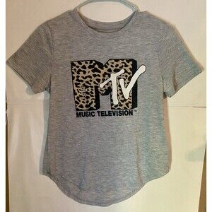 MTV Womens (Jrs) Gray Leopard Print Music Television Tee Shirt T-shirt Size M
